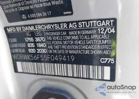 2005 Mercedes-Benz Slk 350 from USA, damaged, VIN WDBWK56F55F049419